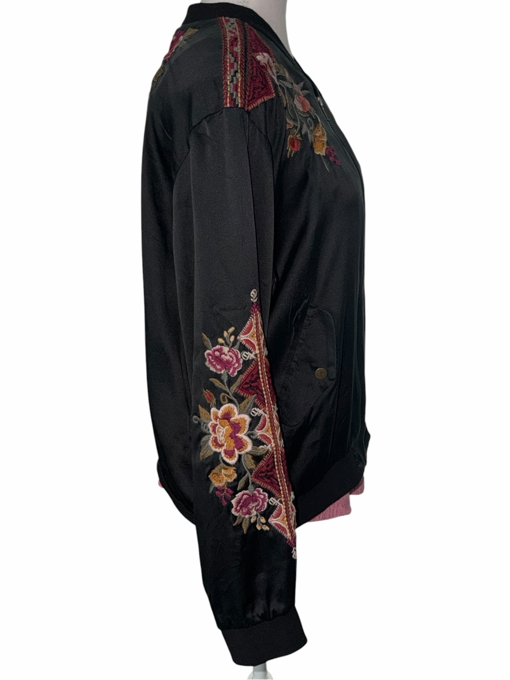 Johnny Was Black Nepal Silk Blend Bomber Jacket with Floral Embroidery L - Picture 4 of 14